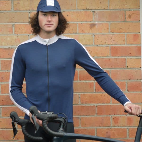 Navy Blue and White merino wool cycling cap