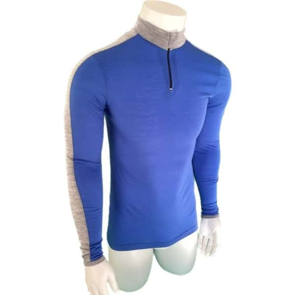 long sleeve 100% merino wool short zip mountain bike jersey front angled view. Light Blue with a grey stripe along the length of the sleeve.