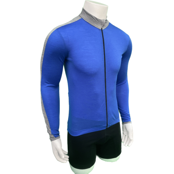 Gulf Blue with Grey sleeve stripes and trim full length zipper long sleeve Sideling Merino Wool Cycling Jersey. Angled front side view of mannequin with black wool boxer shorts.