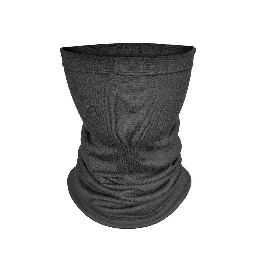 Black merino wool neck warmer and gaiter on model with entire mouth and neck covered.