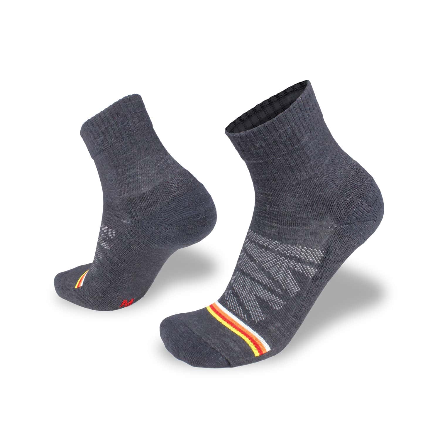 Merino wool cycling socks. Charcoal sock one quarter calf height in a pair with model feet standing on tip toes.